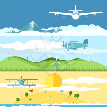 Flat banners set vector with airplanes and landscape