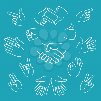 Business hand gestures linear icons and handshake thin line sign. Vector illustration