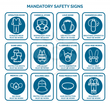 Mandatory health safety signs . Work safety equipment logo. Vector illustration