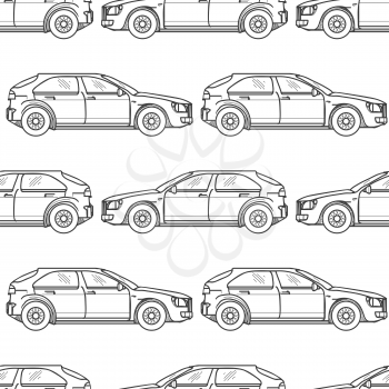 Black and white seamless pattern with hand drawn cars. Vector illustration
