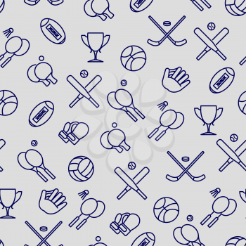 Seamless pattern with outline sport game accessories icons. Vectr illustration