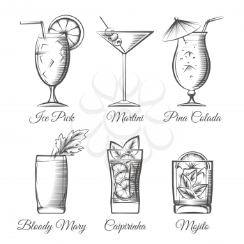Engraving cocktails. Alcoholic cocktails hand drawn sketch vector