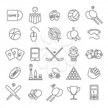 Computer games and sports games thin line icons, casino games and active games linear signs vector