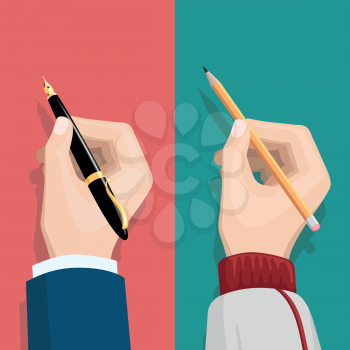 Hand with pencil and hand holding pen vector illustration