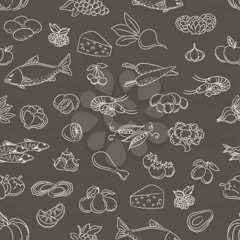 Food hand drawn icons seamless pattern. Vector hand drawn food background