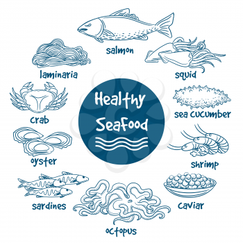 Healthy line doodle seafood. Vector hand drawn food of sea. Fish and seaweed, shrimp and shellfish