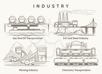 Factory industrial landscape. Mining and chemical industry, metallurgical production illustration in vintage style. Vector illustration