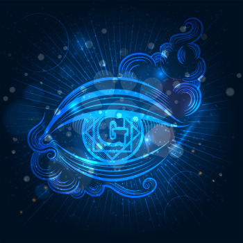Spiritual eye on shining blue background vector illustration