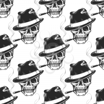 Hand drawn skull seamless pattern. Skull with cigarrette and hat vector pattern