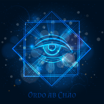 Mystical mason sign with eye on blue shining background. Vector illustration