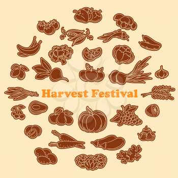 Harvest festival stickers with lined vegetables and fruits icon set. Vector illustration