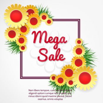 Mega sale banner with yellow flowers and grass vector illustration