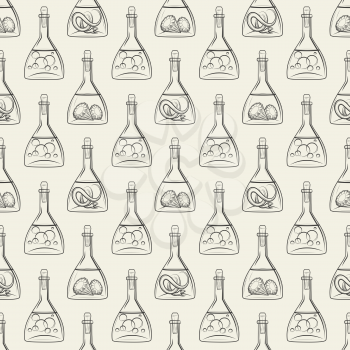 Alchemy seamless pattern vector illustration. Background with bottles with snake bubbles and diamonds