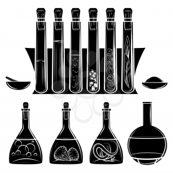 Science lab equipment black silhouettes isolated on white. Vector illustration