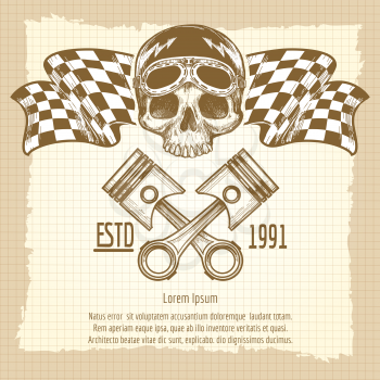 Sketch of vintage biker rider skull with racing flags on lined page background. Vector illustration
