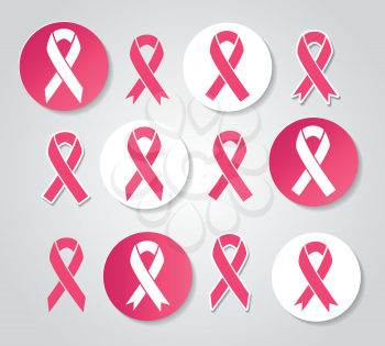 Pink ribbon bow vector icons, woman breast cancer and concerned medical signs
