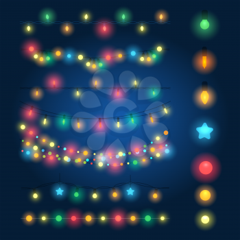 Christmas string lights vector illustration. Fairy xmas hanging lighting background