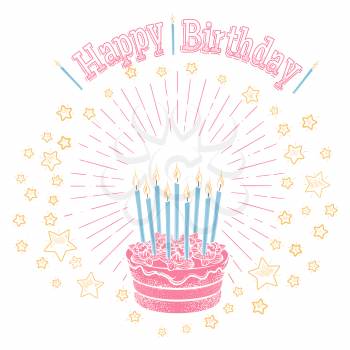 Hand drawn birthday cake with candles stars and greetings lettering isolated on white. Vector illustration