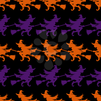 Halloween seamless pattern with witch on a broomstick on black background. Vector illustration