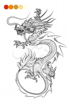 Coloring page with hand drawn dragon and color swatches. Vector illustration