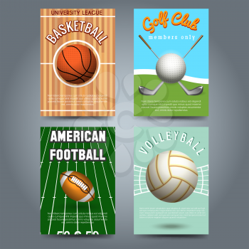 Sport brochure flyers template set. Basketball volleyball american footbal and golf cards. Vector illustration