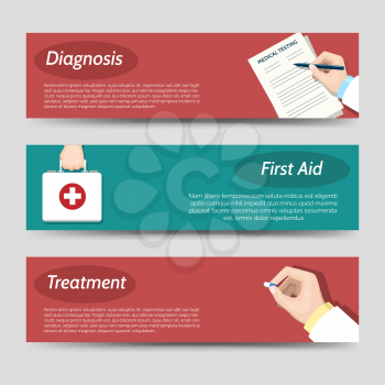 Medicine flat banners set with writing doctor hand first aid and treatment. Vector illustration