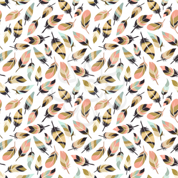 Boho style feather seamless pattern. Background with colorful feathers. Vector illustration