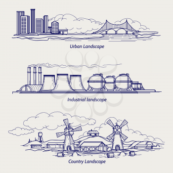 Ball pen sketch urban country and industrial ladscapes vector