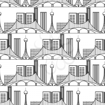 Urban city seamless pattern - vector sky tower apartments bridge background