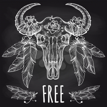 Hand drawn buffalo skull with flower and feather headdress and lettering free. Vector illustration