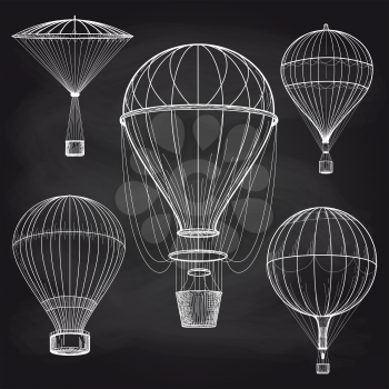 Hand drawn chalk hot air balloons parade on chalkboard background. Vector illustration