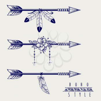 Boho style arrows with feathers and flowers design. Vector illustration