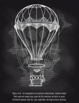 Sketch chalk hot air balloon on blackboard poster. Vector illustration