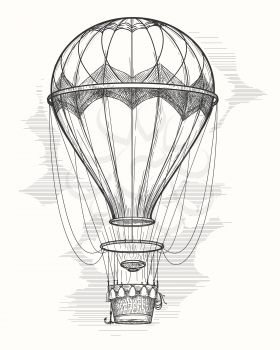 Retro hand drawing hot air balloon. Vintage hot air airship vector sketch
