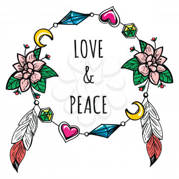 Hand drawn color boho wreath and lettering sign love and peace isolated on white. Vector illustration