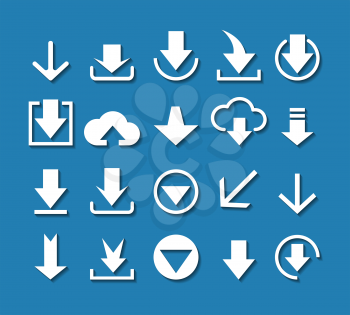 White download arrow icon set on blue background. Vector design elements