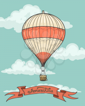 Retro hot air balloon airship artistic background with vintage aeronautics ribbon. Vector illustration