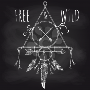 Native american accessory with feathers arrows and lettering free and wild on blackboard. Vector illustration