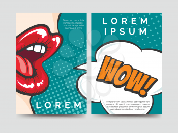 Pop art style brochure flyers template design with Wow speech bubble. Vector illustration