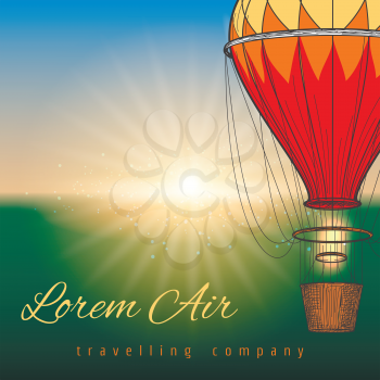 Hot air balloon on blurred background. Vector travel poster design