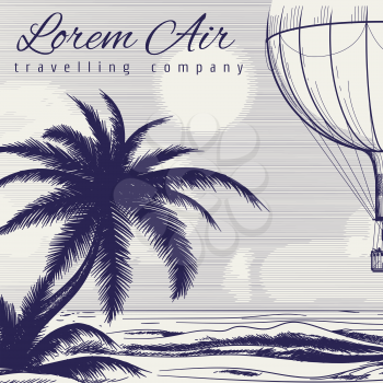 Ball pen drawing travel poster design with palm tree sea and hotair balloon. Vector illustration