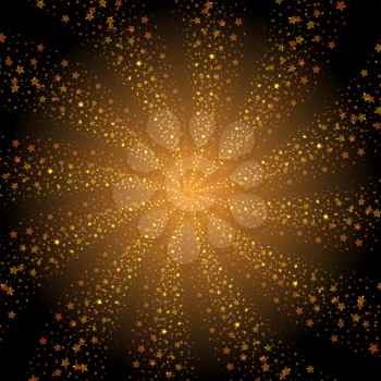 Abstract golden stars whirlpool background on dark. Vector illustration