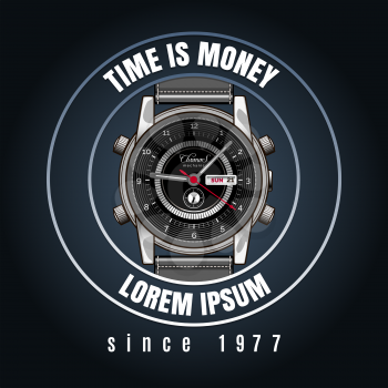 Classic wrist watches shop emblem with time is money text. Vector ilustration