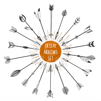 Hand drawn tribal arrows set with orange circle and text in the middle. Vector illustration