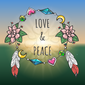 Love and Peace emblem drawn in tribal boho style. Vector illustration