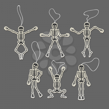 Paper cut skeletons set in different poses. Vector illustration