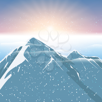 Polar sunrise mountain and snowfalling landscape background. Vector illustration