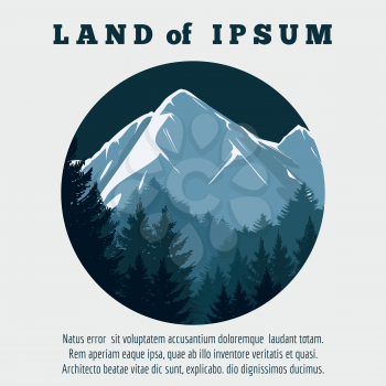 Travel banner design with mountain and pine forest landscape. Vector illustration