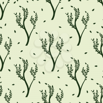 Green tree and falling leaves seamles pattern. Vector illustration