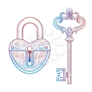 Hand drawn vintage style key and heart lock vector icons. Colorful love elements isolated on white
